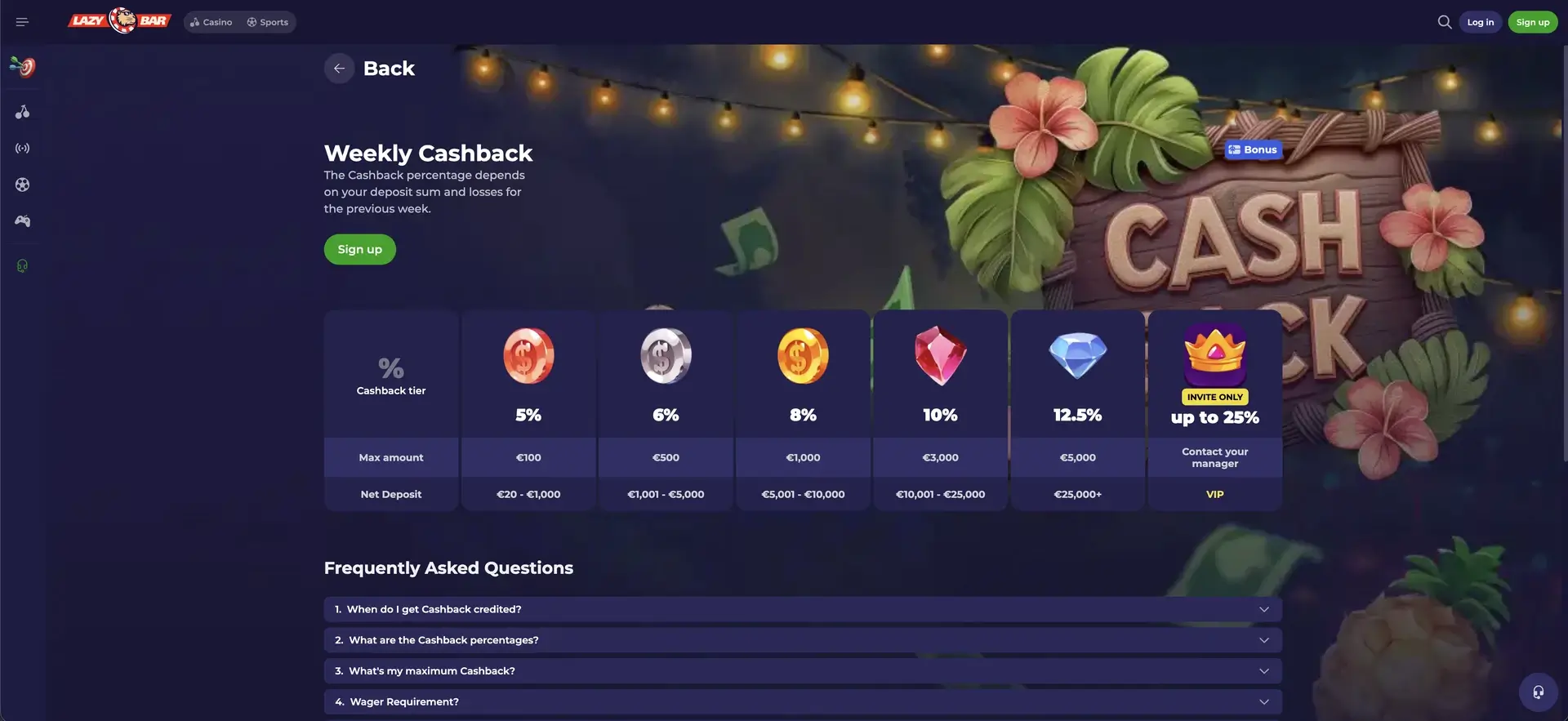 Cashback semanal de Lazybar Casino